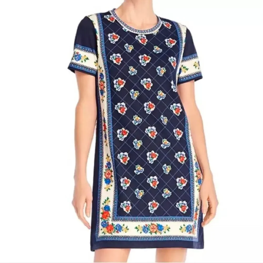 Tory Burch Printed T-Shirt Dress Navy Tea Rose Border pattern.